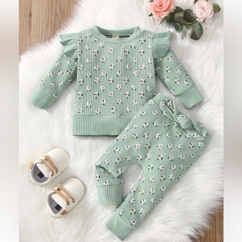 Shein green floral ruffle matching set